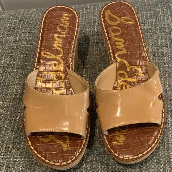Size 9 Sam Edelman Tan Patent Leather Cork Wedge Platform Sandal - Picture 1 of 6